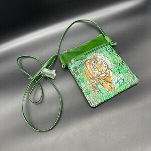 Green Leather Crossbody Bag Tiger Big Cat Jungle Shoulder Purse Hand Painted